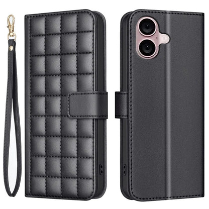 BINFEN COLOR BF34 for iPhone 16 Case Square Grid Pattern Leather Cover with Hand Strap