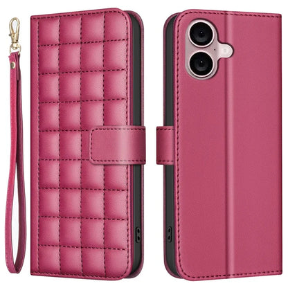 BINFEN COLOR BF34 for iPhone 16 Case Square Grid Pattern Leather Cover with Hand Strap