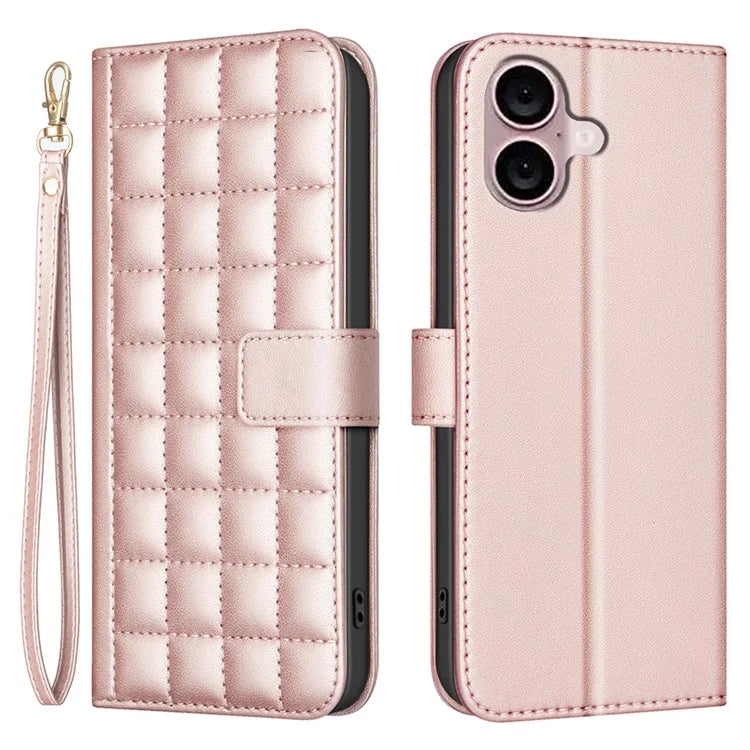 BINFEN COLOR BF34 for iPhone 16 Case Square Grid Pattern Leather Cover with Hand Strap
