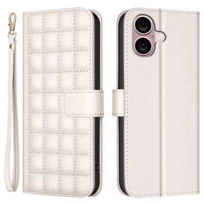 BINFEN COLOR BF34 for iPhone 16 Case Square Grid Pattern Leather Cover with Hand Strap
