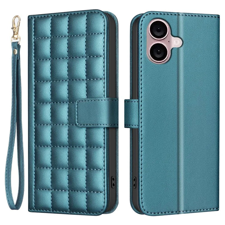 BINFEN COLOR BF34 for iPhone 16 Case Square Grid Pattern Leather Cover with Hand Strap