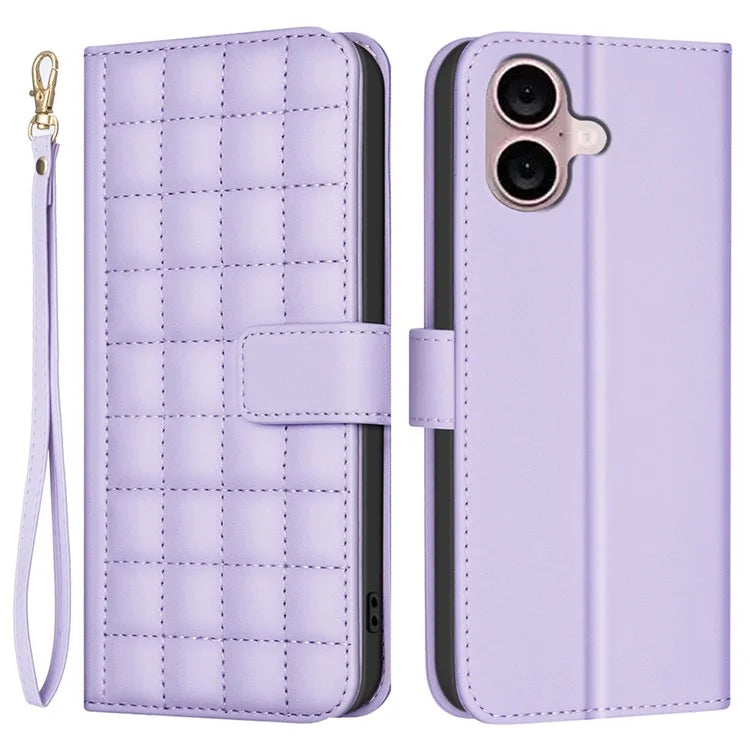 BINFEN COLOR BF34 for iPhone 16 Case Square Grid Pattern Leather Cover with Hand Strap