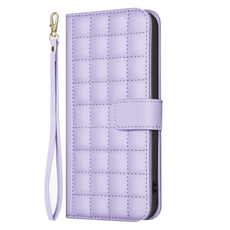 BINFEN COLOR BF34 for iPhone 16 Case Square Grid Pattern Leather Cover with Hand Strap