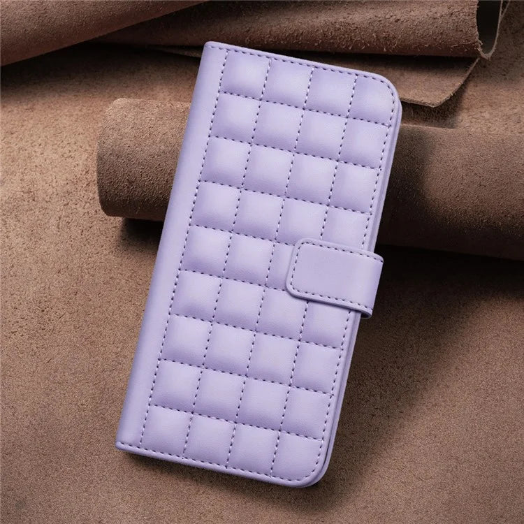 BINFEN COLOR BF34 for iPhone 16 Case Square Grid Pattern Leather Cover with Hand Strap