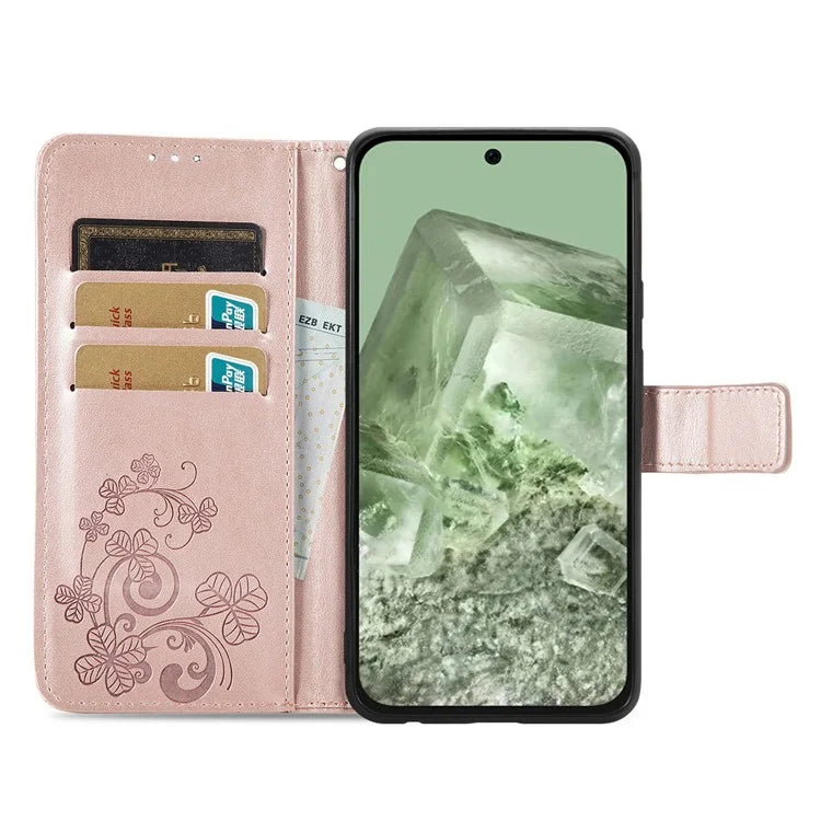 For Google Pixel 8a Leather Case Four-Leaf Clover Phone Wallet Cover