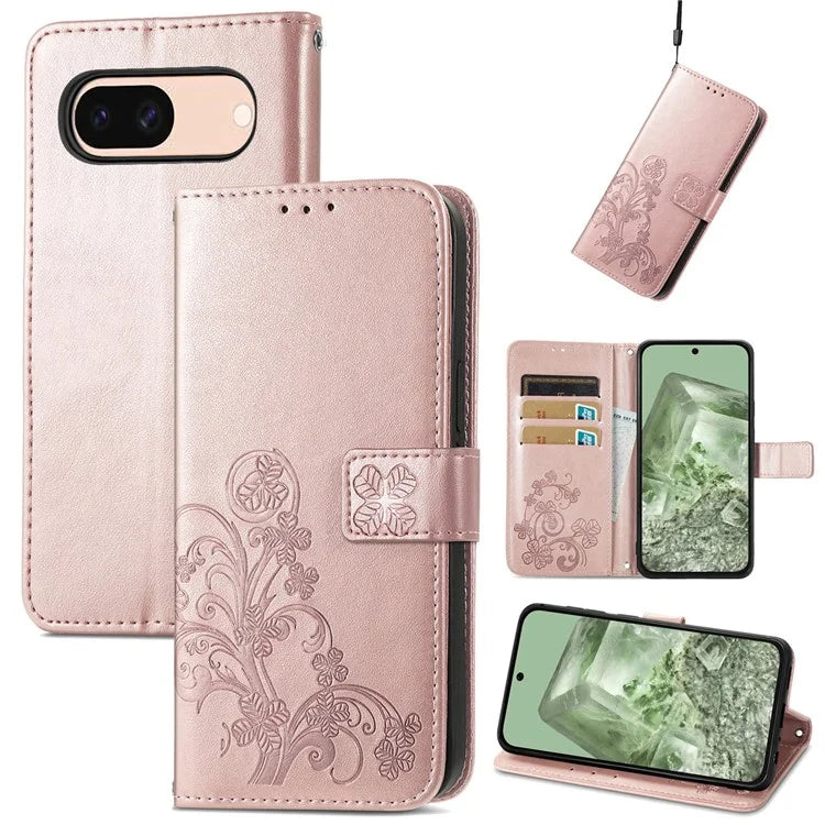 For Google Pixel 8a Leather Case Four-Leaf Clover Phone Wallet Cover