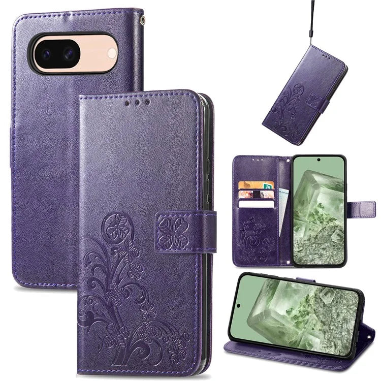 For Google Pixel 8a Leather Case Four-Leaf Clover Phone Wallet Cover