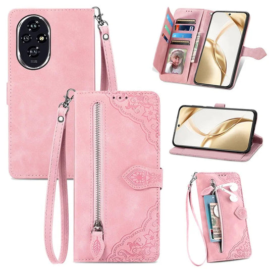 For Honor 200 5G Case Flower Zipper Pocket Leather Phone Cover with Hand Strap