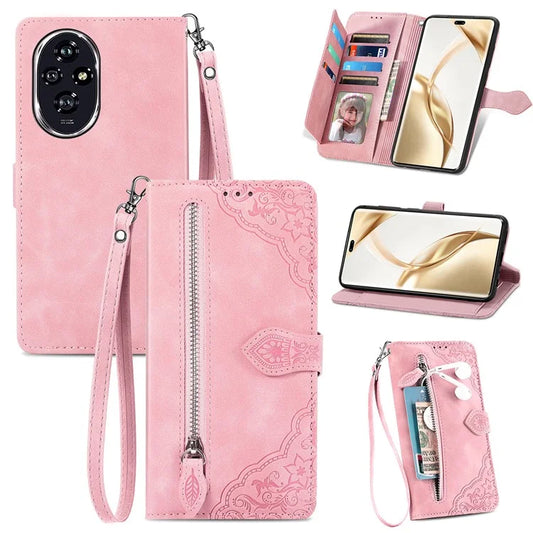For Honor 200 Pro 5G Case PU Leather Floral Phone Cover with Zipper Pocket