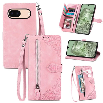 For Google Pixel 8a Case PU Leather Zipper Wallet Phone Cover Flower Pattern
