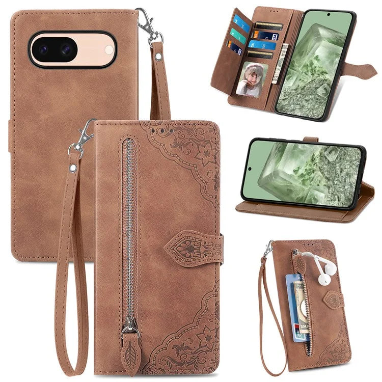 For Google Pixel 8a Case PU Leather Zipper Wallet Phone Cover Flower Pattern