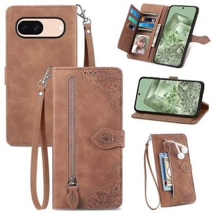 For Google Pixel 8a Case PU Leather Zipper Wallet Phone Cover Flower Pattern