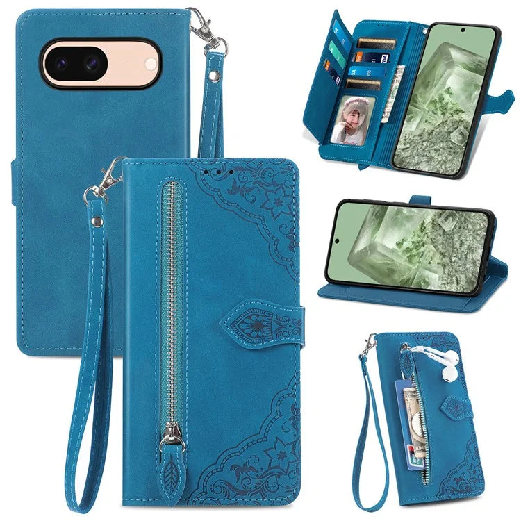 For Google Pixel 8a Case PU Leather Zipper Wallet Phone Cover Flower Pattern