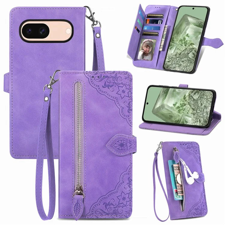 For Google Pixel 8a Case PU Leather Zipper Wallet Phone Cover Flower Pattern