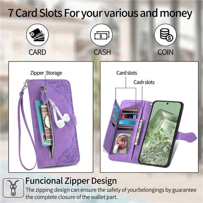 For Google Pixel 8a Case PU Leather Zipper Wallet Phone Cover Flower Pattern