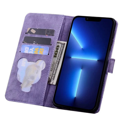 For iPhone 16 Case Cartoon Cat Pattern Card Holder Leather Phone Cover