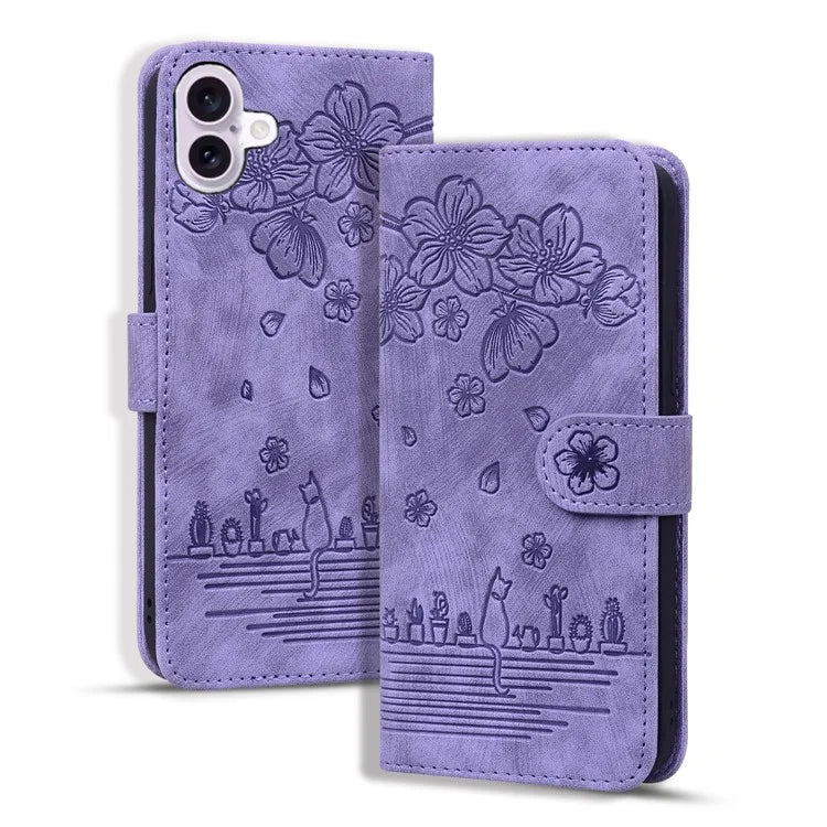 For iPhone 16 Case Cartoon Cat Pattern Card Holder Leather Phone Cover