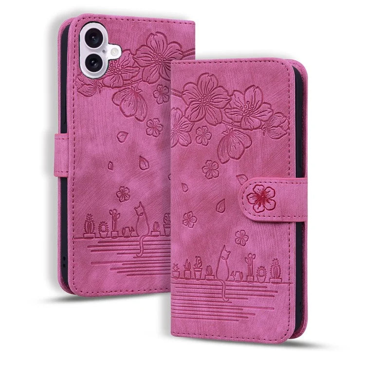 For iPhone 16 Case Cartoon Cat Pattern Card Holder Leather Phone Cover