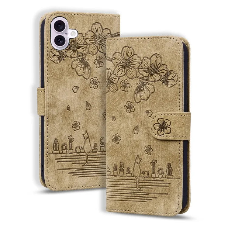 For iPhone 16 Case Cartoon Cat Pattern Card Holder Leather Phone Cover