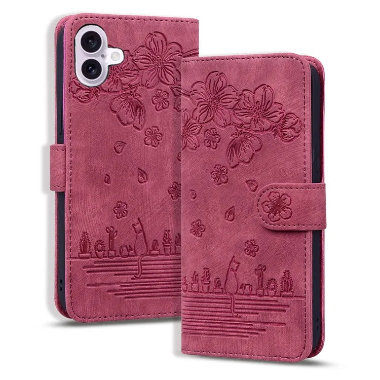 For iPhone 16 Case Cartoon Cat Pattern Card Holder Leather Phone Cover