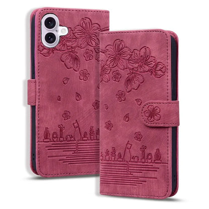 For iPhone 16 Case Cartoon Cat Pattern Card Holder Leather Phone Cover