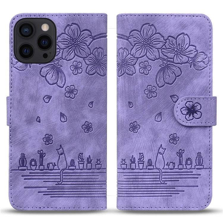 For iPhone 16 Pro Case Flower Cat Pattern Wallet Flip Leather Phone Cover