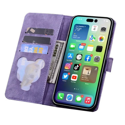 For iPhone 16 Pro Case Flower Cat Pattern Wallet Flip Leather Phone Cover
