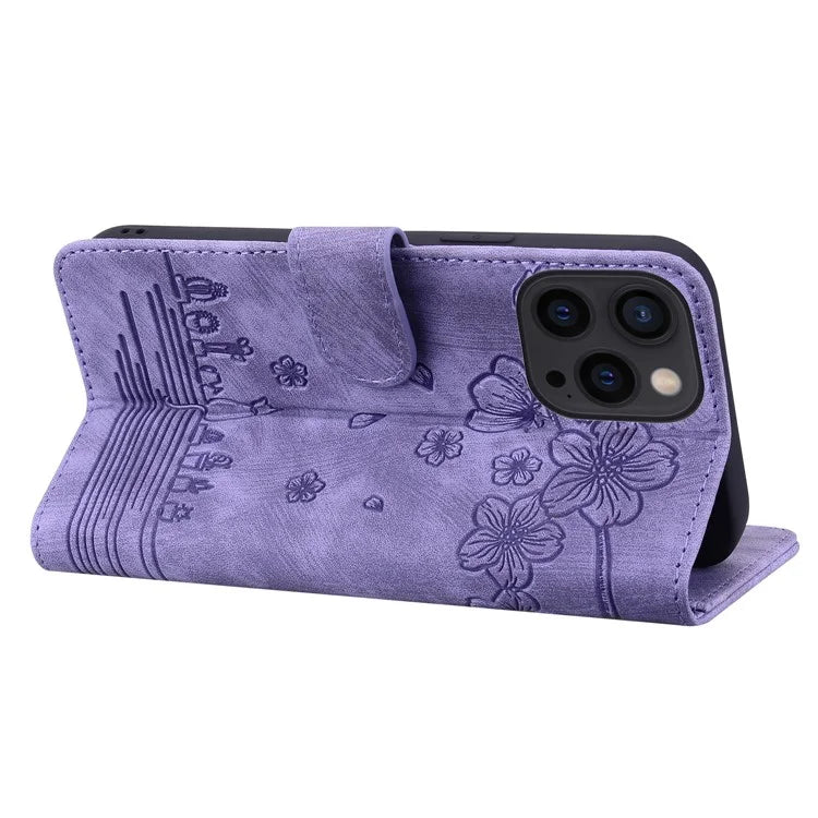For iPhone 16 Pro Case Flower Cat Pattern Wallet Flip Leather Phone Cover