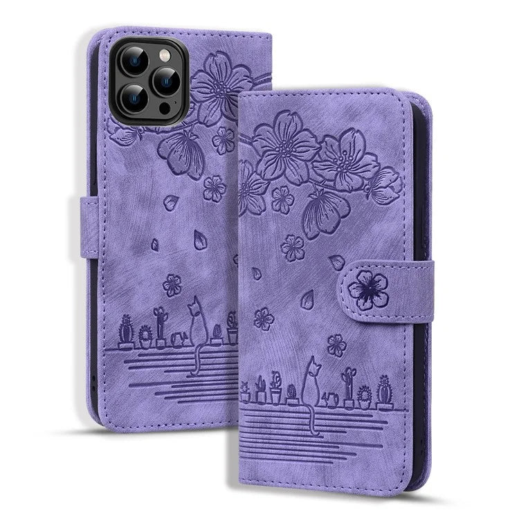For iPhone 16 Pro Case Flower Cat Pattern Wallet Flip Leather Phone Cover