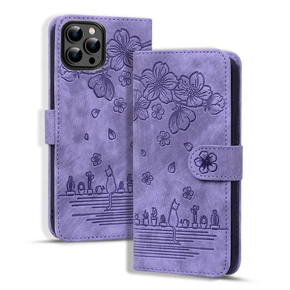 For iPhone 16 Pro Case Flower Cat Pattern Wallet Flip Leather Phone Cover