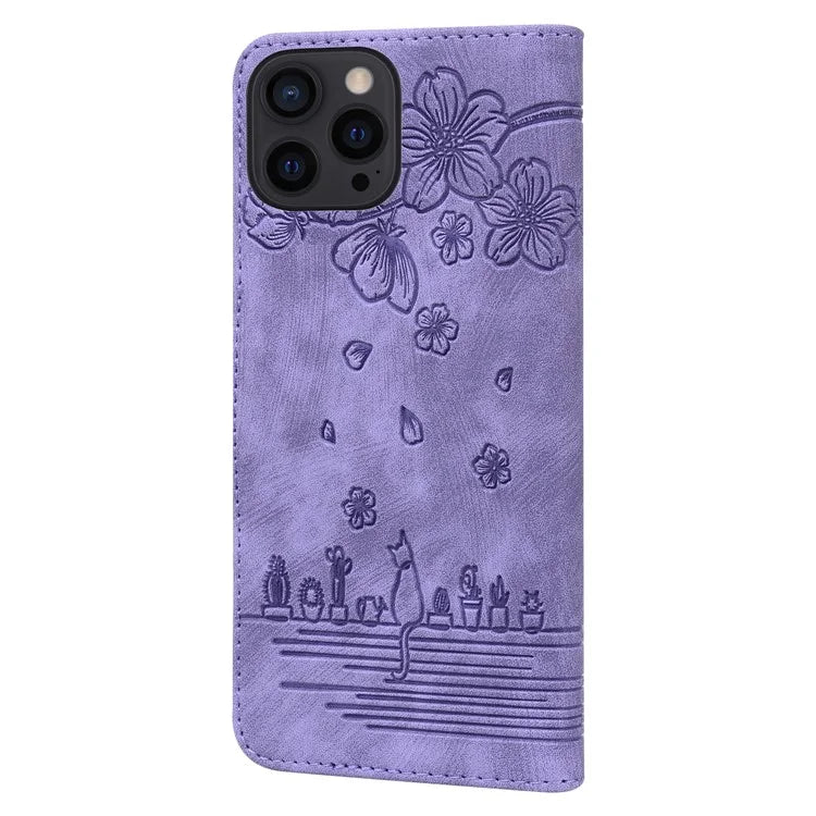 For iPhone 16 Pro Case Flower Cat Pattern Wallet Flip Leather Phone Cover