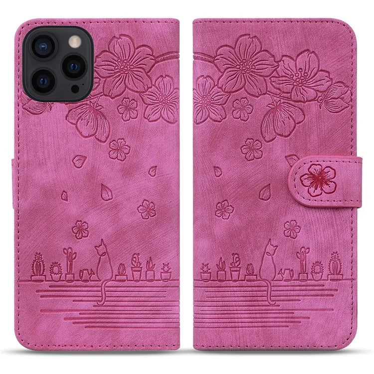 For iPhone 16 Pro Case Flower Cat Pattern Wallet Flip Leather Phone Cover