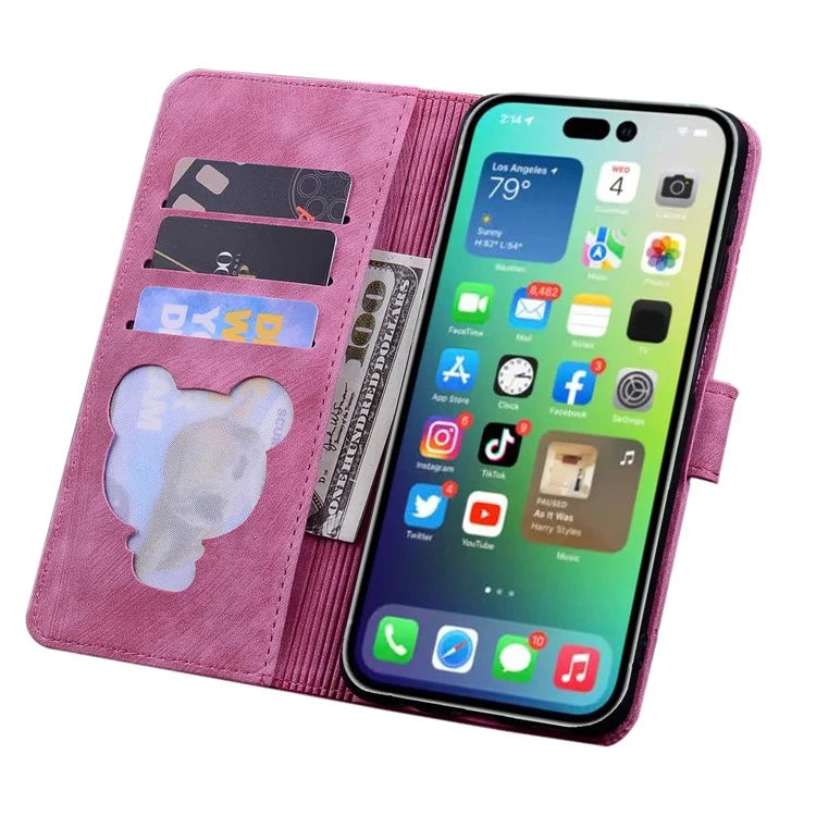 For iPhone 16 Pro Case Flower Cat Pattern Wallet Flip Leather Phone Cover