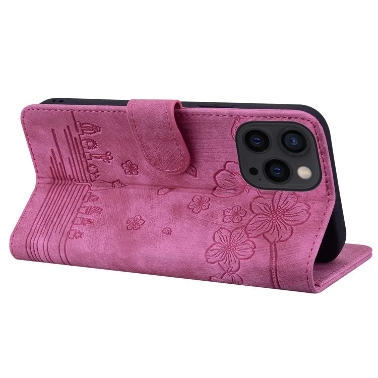 For iPhone 16 Pro Case Flower Cat Pattern Wallet Flip Leather Phone Cover