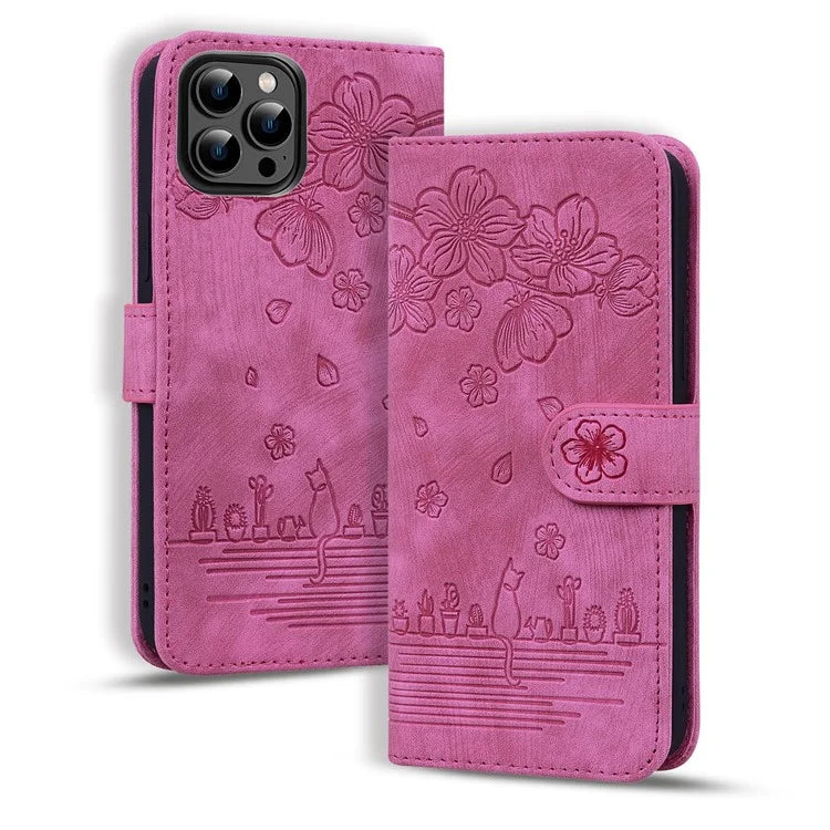 For iPhone 16 Pro Case Flower Cat Pattern Wallet Flip Leather Phone Cover