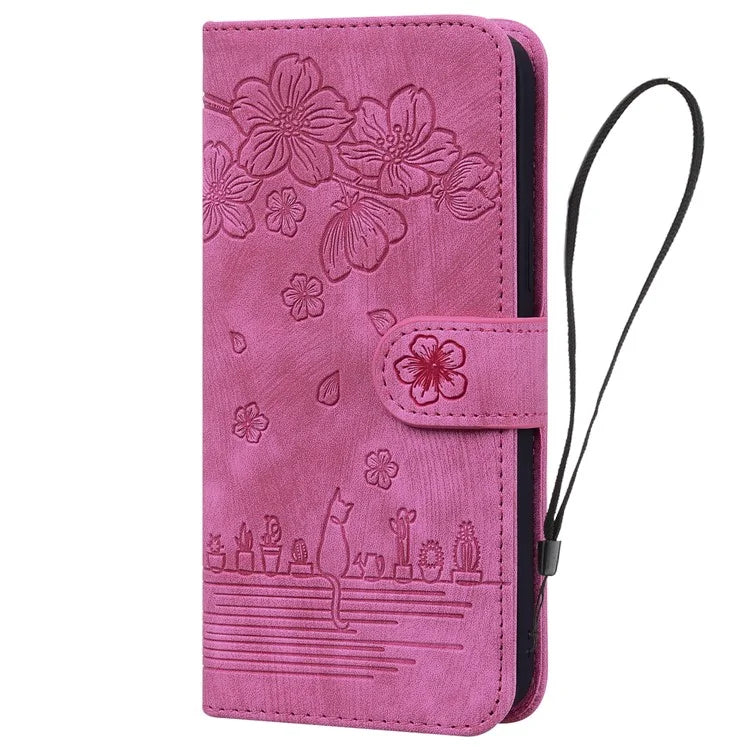 For iPhone 16 Pro Case Flower Cat Pattern Wallet Flip Leather Phone Cover
