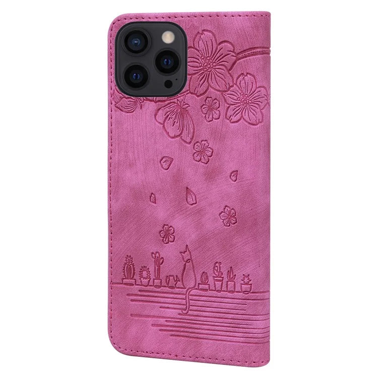 For iPhone 16 Pro Case Flower Cat Pattern Wallet Flip Leather Phone Cover