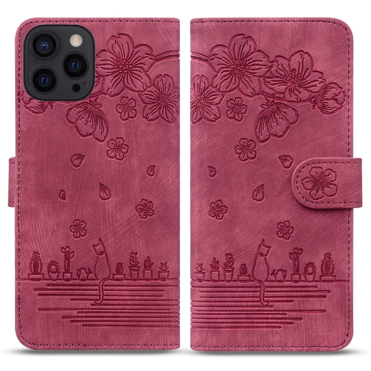 For iPhone 16 Pro Case Flower Cat Pattern Wallet Flip Leather Phone Cover