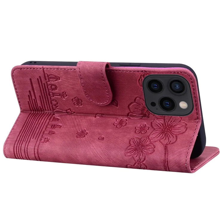 For iPhone 16 Pro Case Flower Cat Pattern Wallet Flip Leather Phone Cover