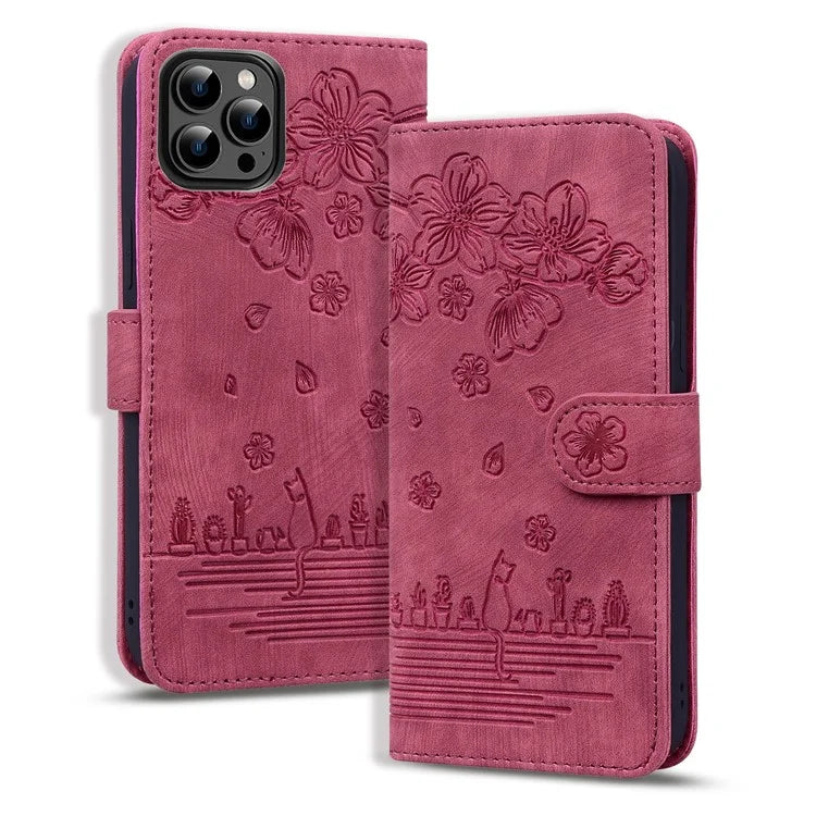 For iPhone 16 Pro Case Flower Cat Pattern Wallet Flip Leather Phone Cover