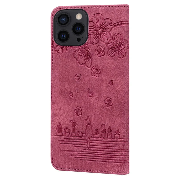 For iPhone 16 Pro Case Flower Cat Pattern Wallet Flip Leather Phone Cover