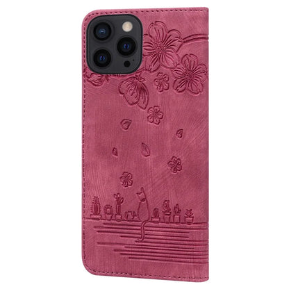 For iPhone 16 Pro Case Flower Cat Pattern Wallet Flip Leather Phone Cover