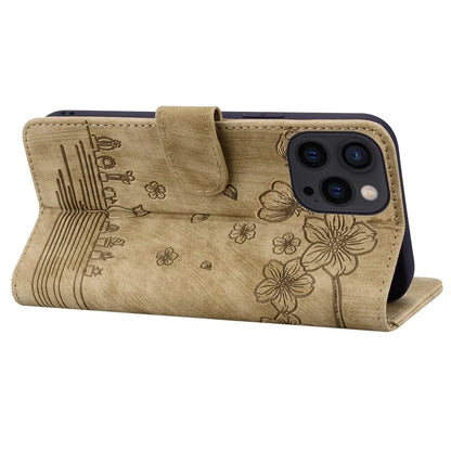 For iPhone 16 Pro Case Flower Cat Pattern Wallet Flip Leather Phone Cover
