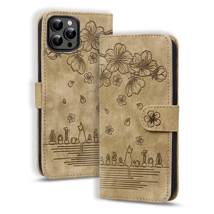 For iPhone 16 Pro Case Flower Cat Pattern Wallet Flip Leather Phone Cover