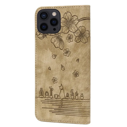 For iPhone 16 Pro Case Flower Cat Pattern Wallet Flip Leather Phone Cover