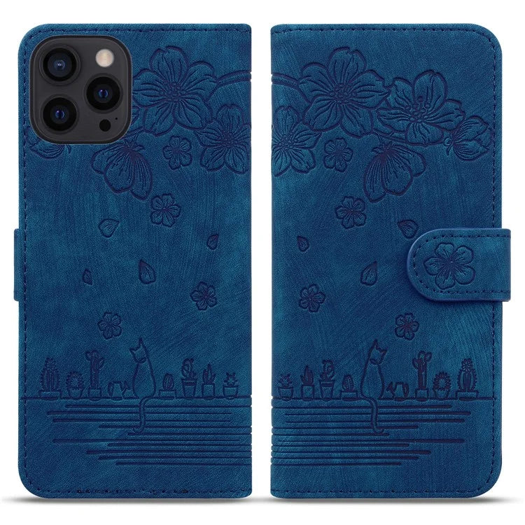 For iPhone 16 Pro Case Flower Cat Pattern Wallet Flip Leather Phone Cover