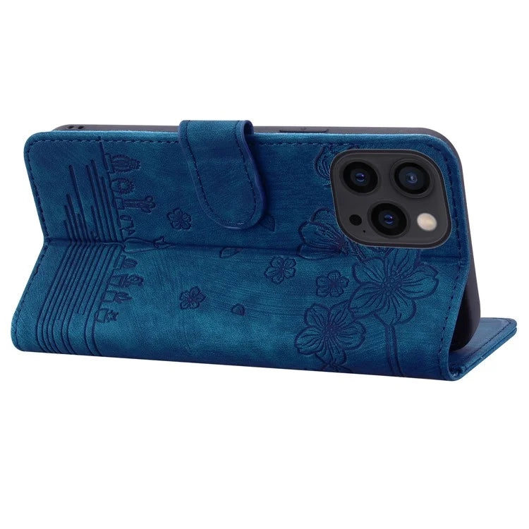 For iPhone 16 Pro Case Flower Cat Pattern Wallet Flip Leather Phone Cover
