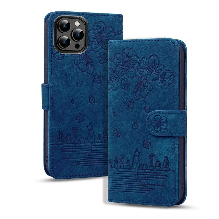 For iPhone 16 Pro Case Flower Cat Pattern Wallet Flip Leather Phone Cover