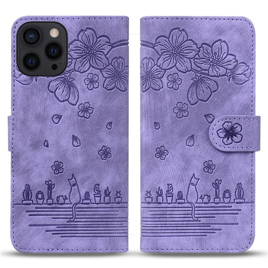 For iPhone 16 Pro Max Case Flip Stand Leather Phone Cover Cherry Blossom Cat Imprinted