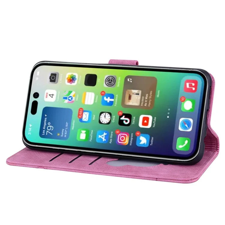 For iPhone 16 Pro Max Case Flip Stand Leather Phone Cover Cherry Blossom Cat Imprinted